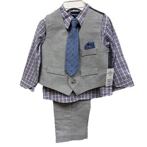 NWT Nautica Baby Boys 4Pc Vest Suit Set Gray Purple With Tie Outfit 12M Formal